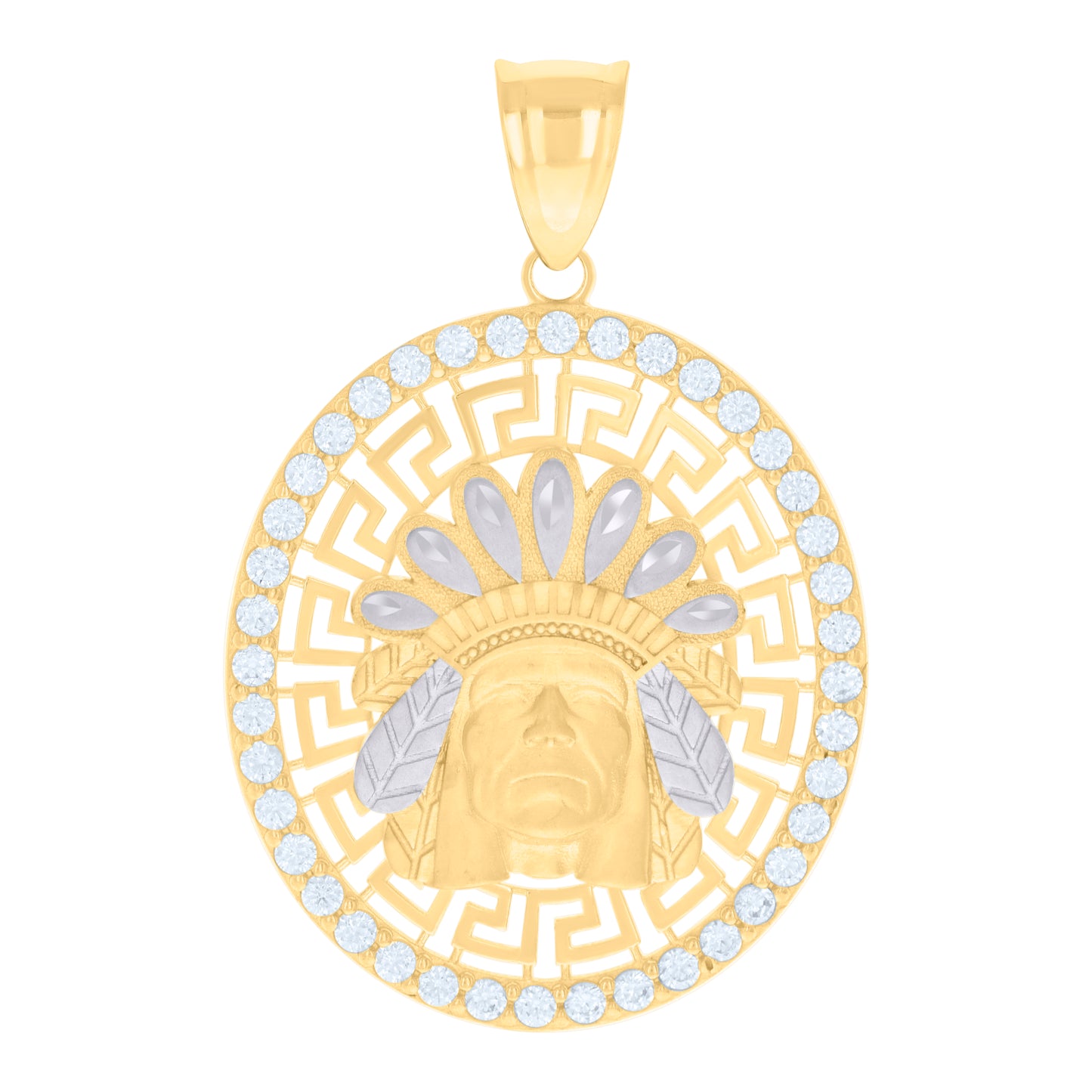 10k Two tone Gold Mens Cubic Zirconia Native American Indian Chief Fashion Charm Pendant