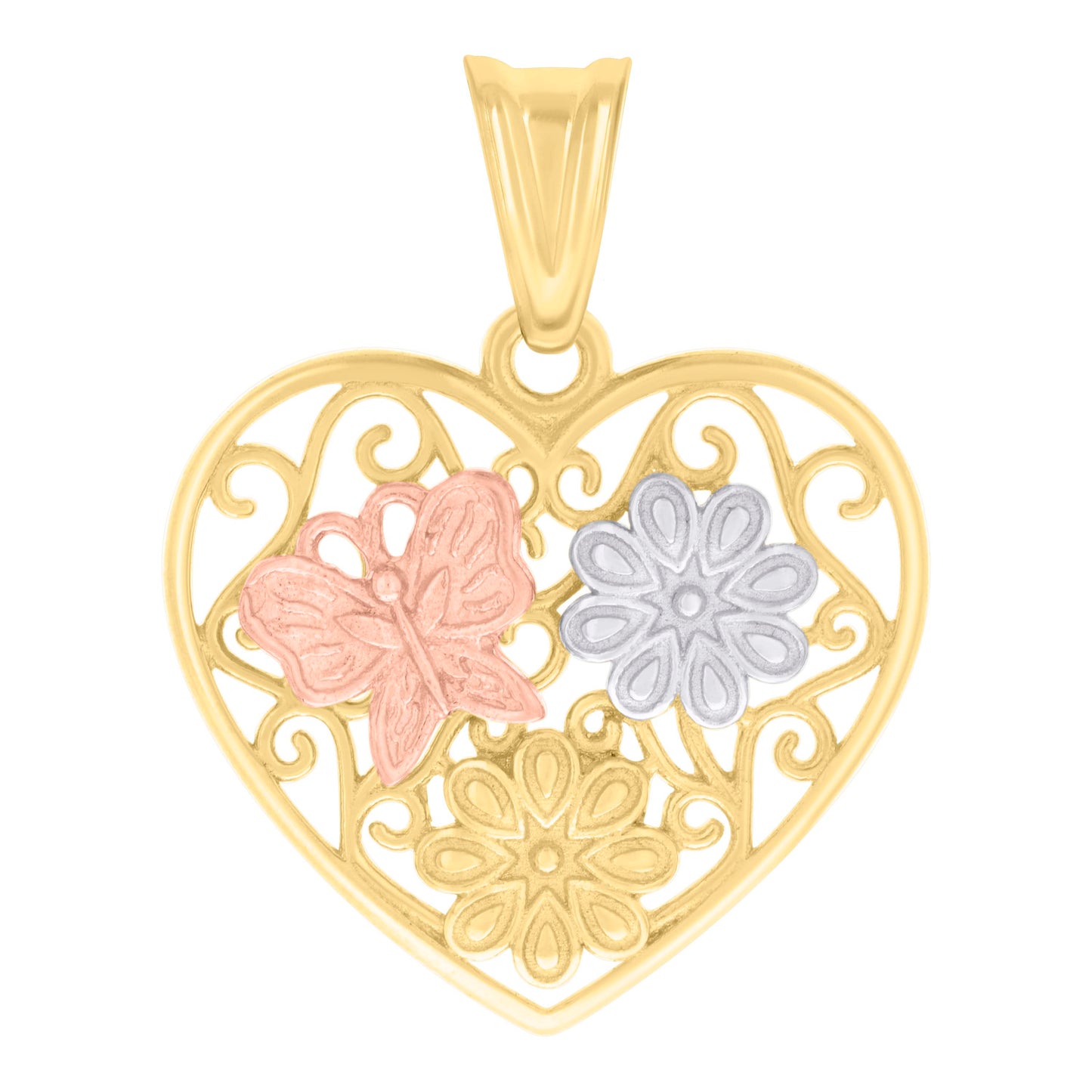 10k Tri Color Gold Womens Floral Heart Charm Pendant