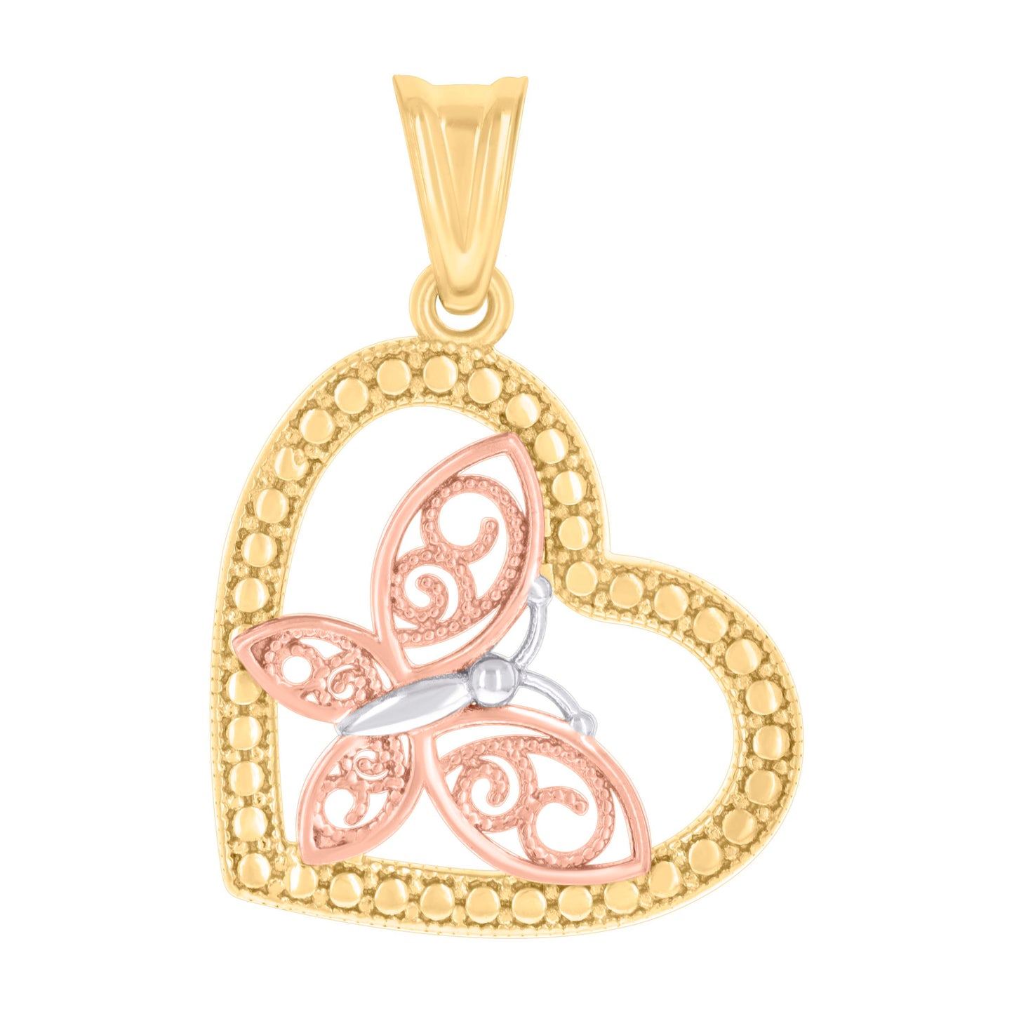 10k Tri Color Gold Womens Butterfly Heart Charm Pendant