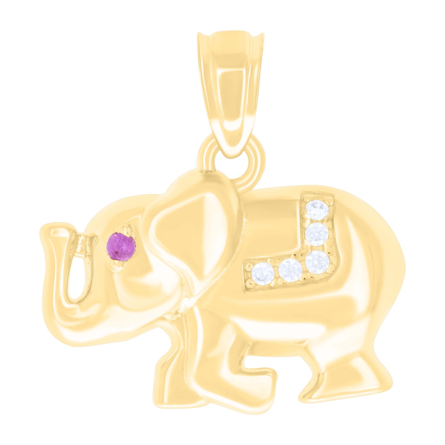 10k Yellow Gold Unisex Purple White Cubic Zirconia Elephant Good Luck Charm Pendant