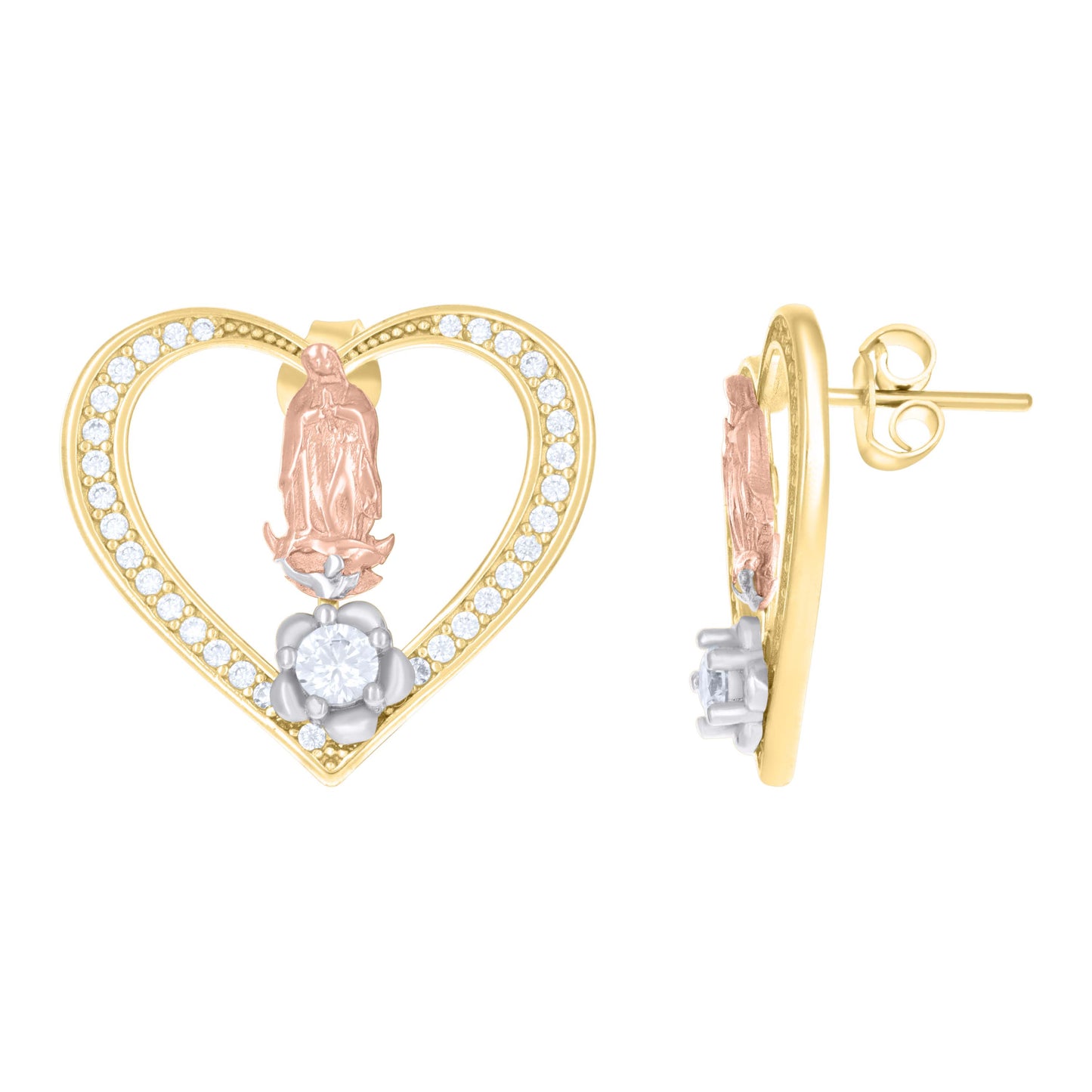 10k Tri-Color Gold Womens Cubic Zirconia Heart Guadalupe Religious Stud Earrings
