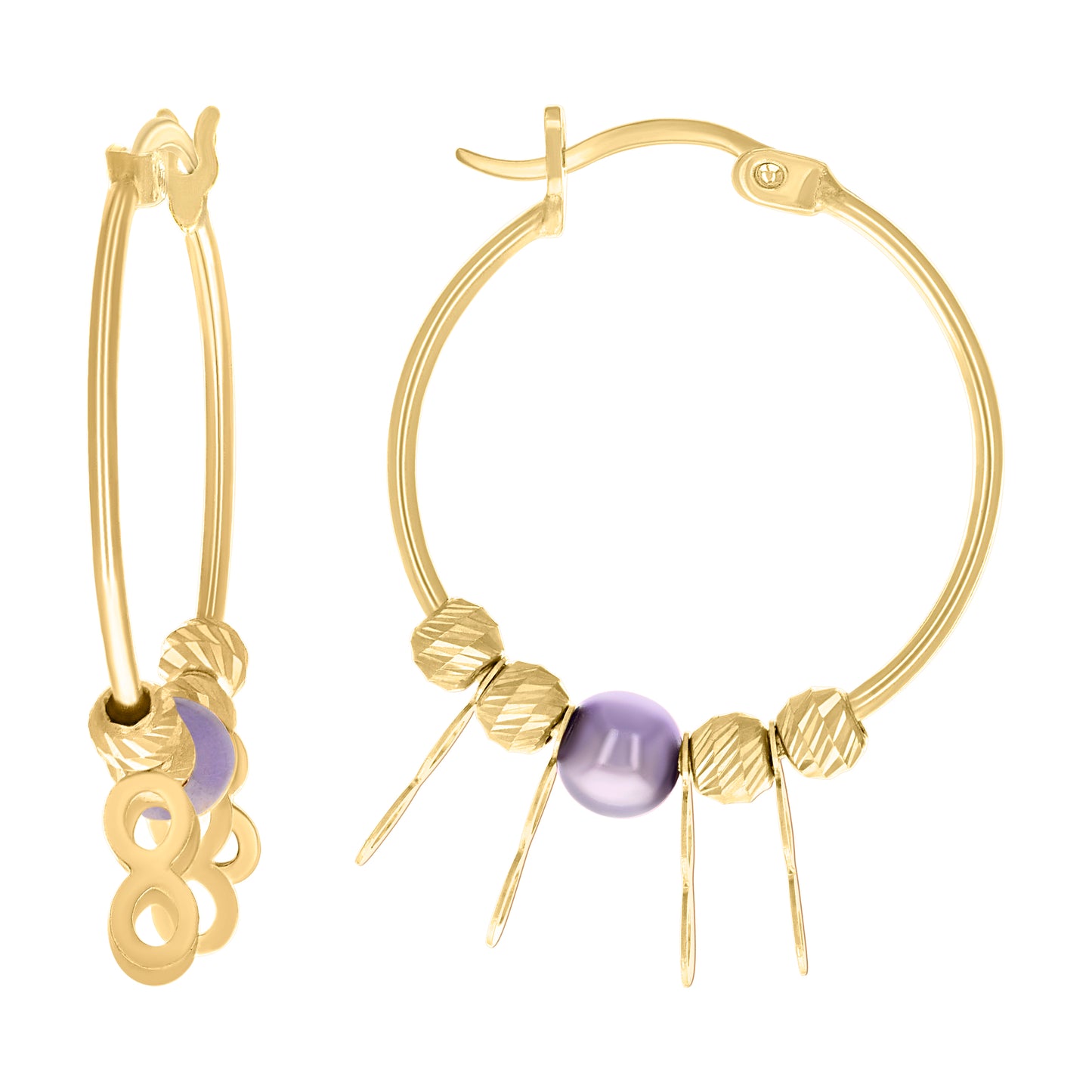 10k Yellow Gold Womens Infinity Purple Beaded Hoop Earrings