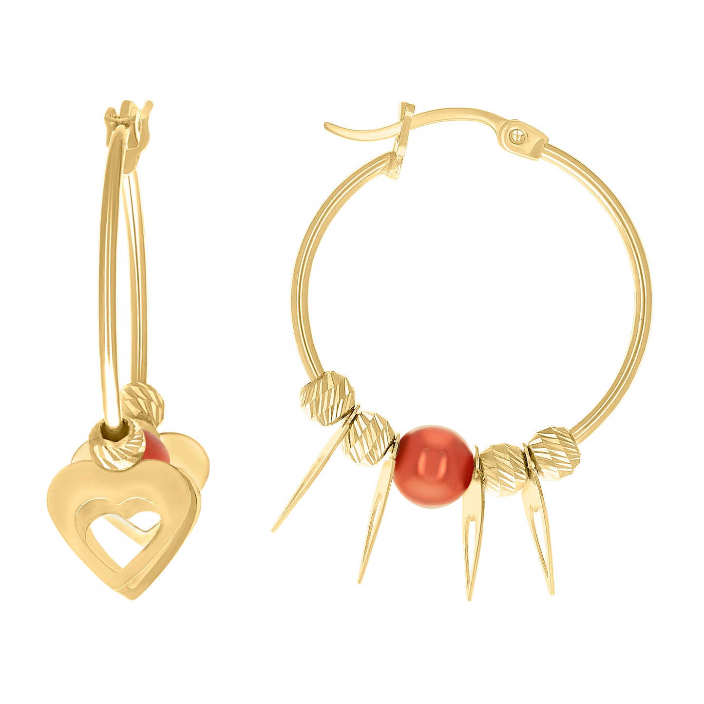 10k Yellow Gold Womens Heart Red Beaded Hoop Earrings