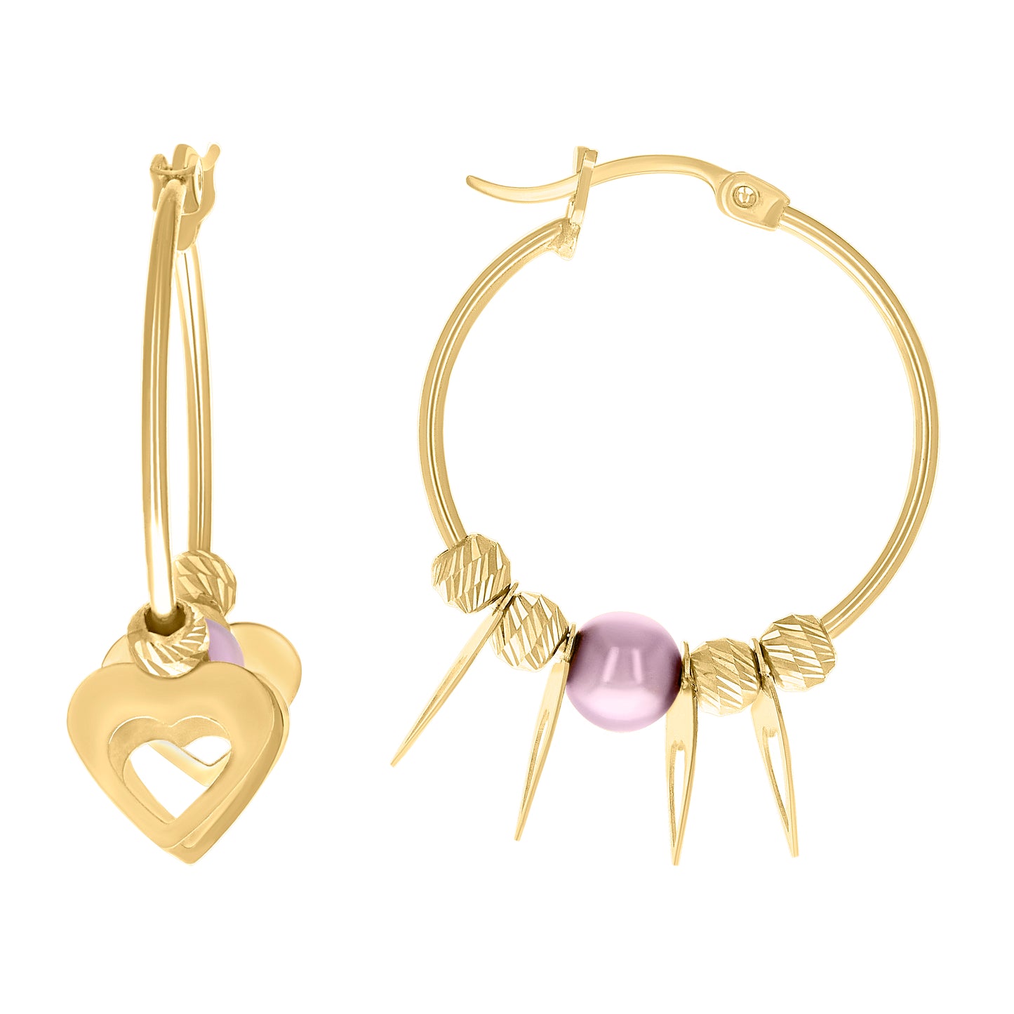 10k Yellow Gold Womens Heart Purple Beaded Hoop Earrings