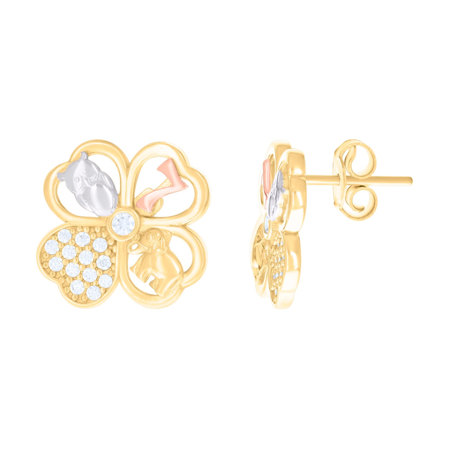 10k Tri-Color Gold Womens Cubic Zirconia Clover Elephant Owl 7 Good Luck Stud Earrings