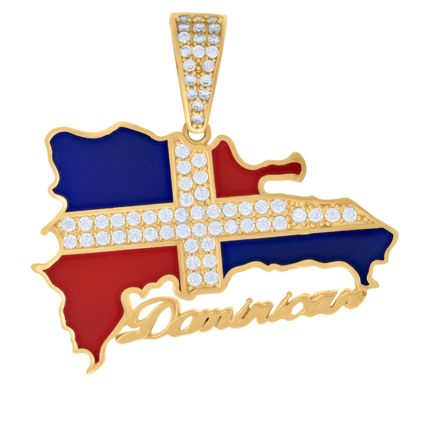 10k Yellow Gold Mens Cubic Zirconia Enameled Dominican Republic Flag Charm Pendant