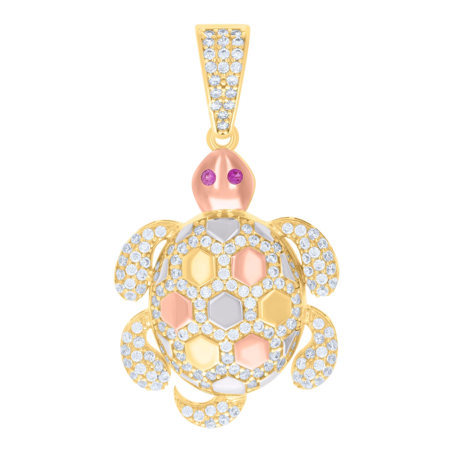10k Tri Color Gold Mens Purple White Cubic Zirconia Turtle Animal Ocean Charm Pendant