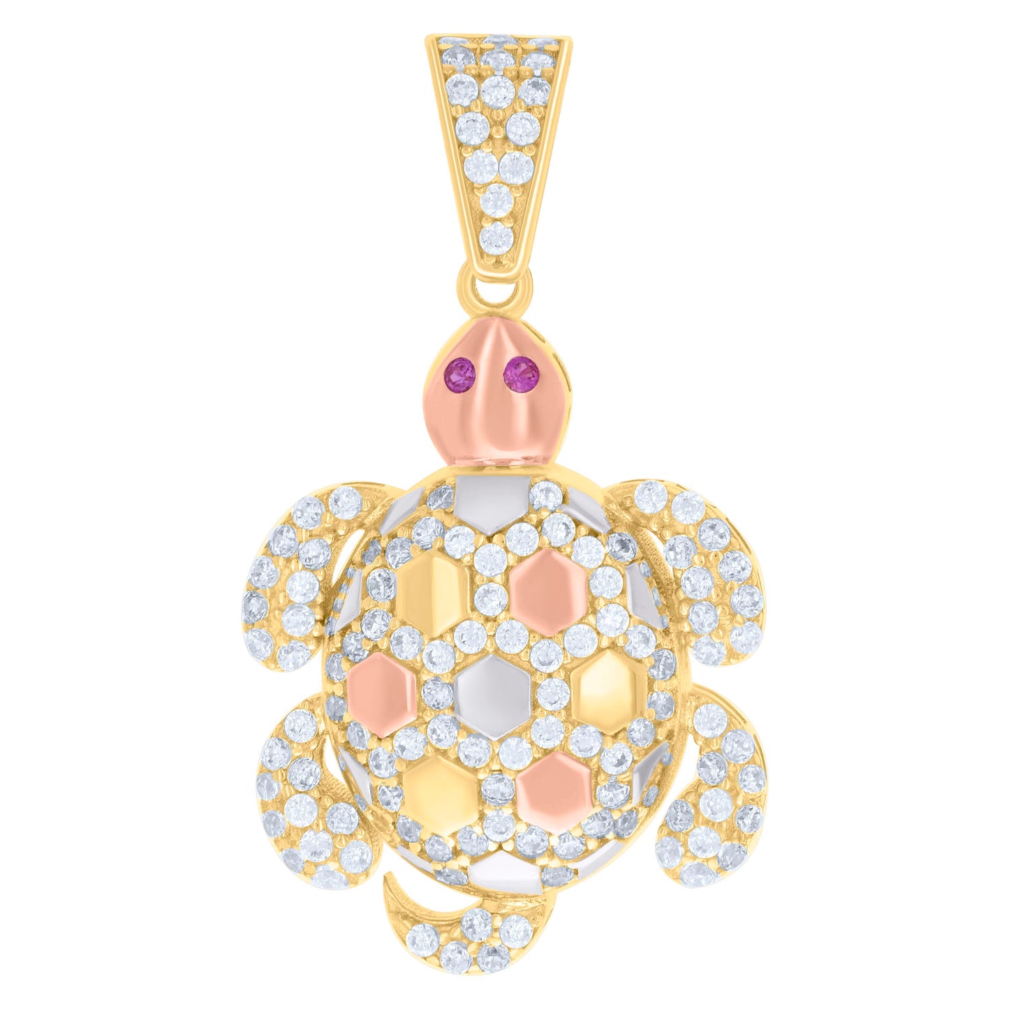 10k Tri Color Gold Mens Purple White Cubic Zirconia Turtle Animal Ocean Charm Pendant