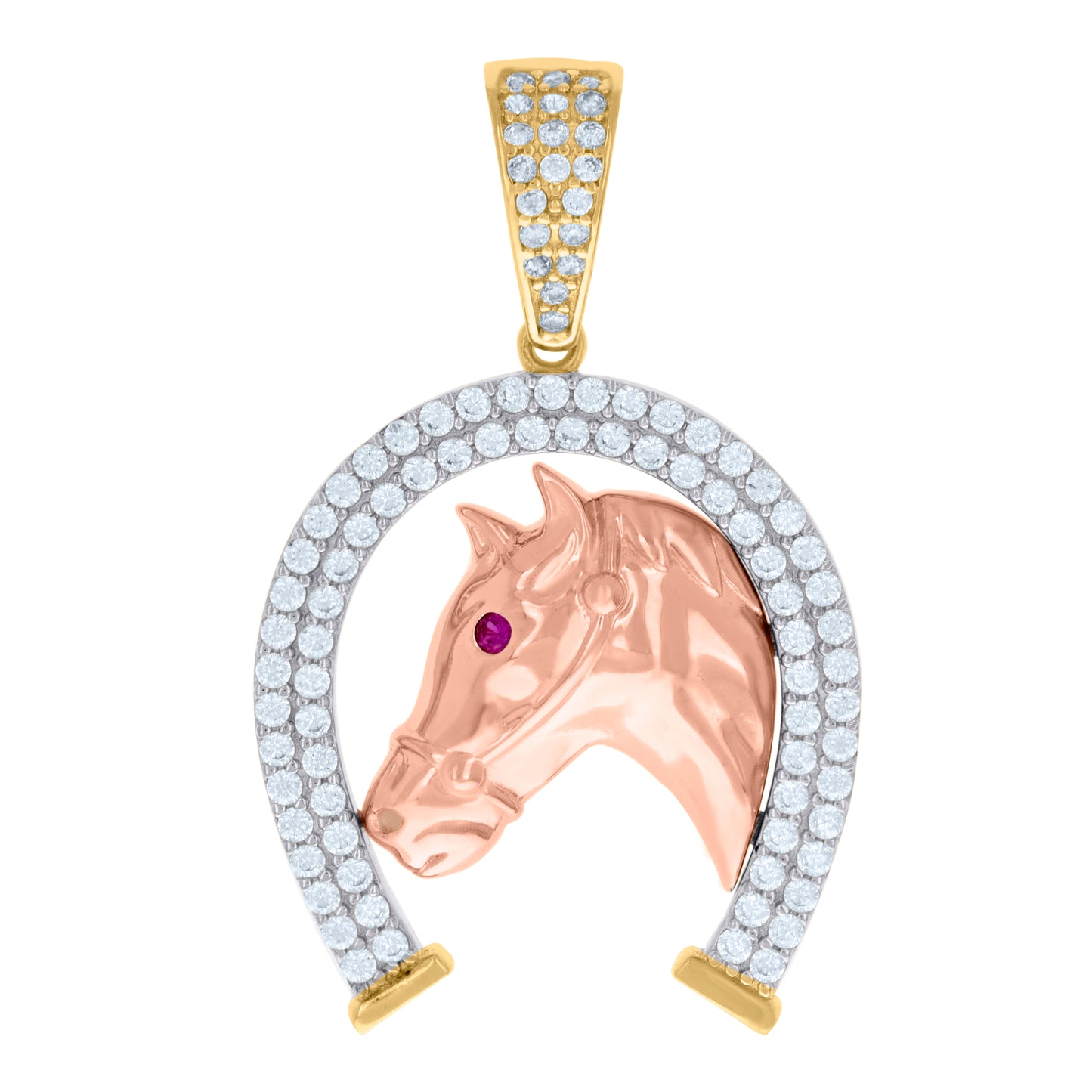 10k Two tone Gold Mens Purple White Cubic Zirconia Horse Head Horseshoe Good Luck Charm Pendant