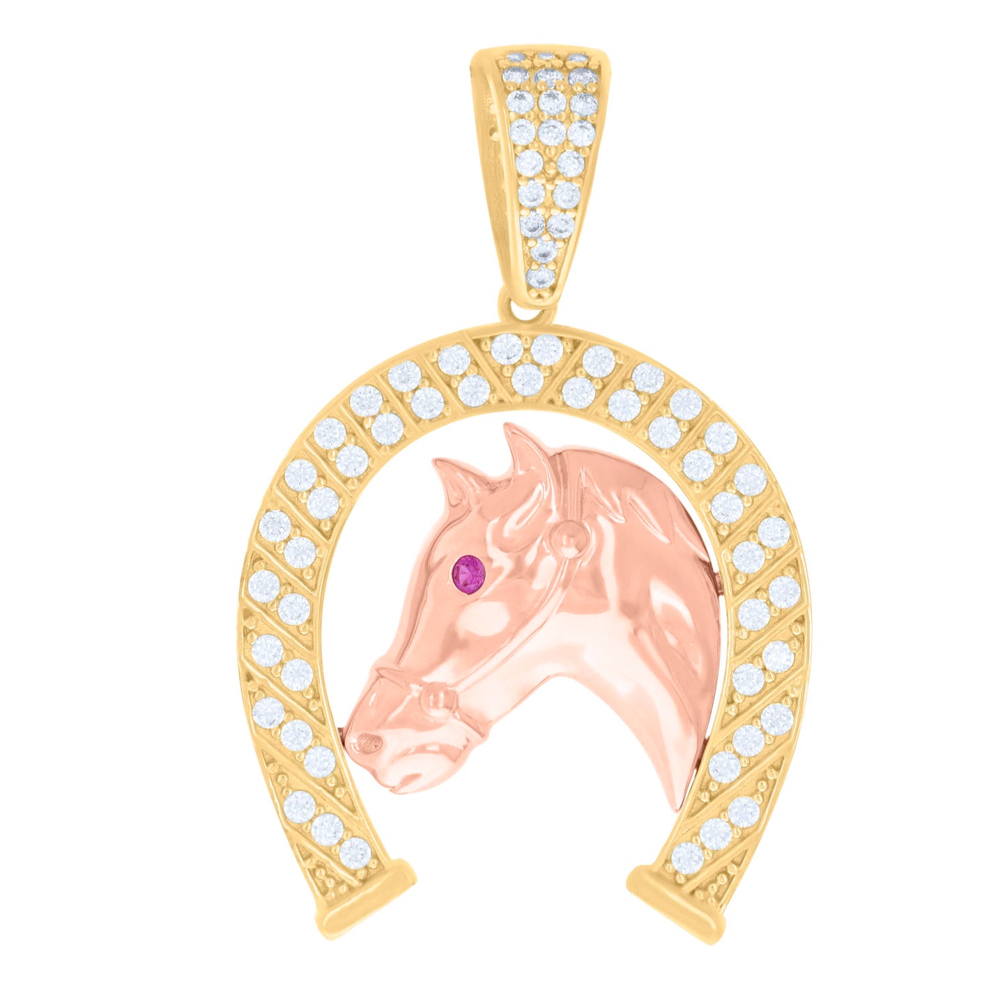 10k Two tone Gold Mens Purple White Cubic Zirconia Horse Head Horseshoe Good Luck Charm Pendant