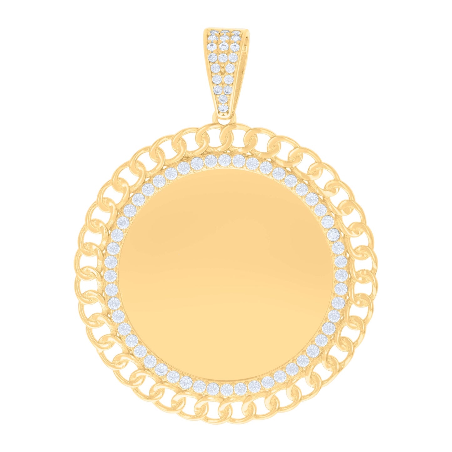 10k Yellow Gold Mens Cubic Zirconia Cuban Border Round Photo Frame Charm Pendant