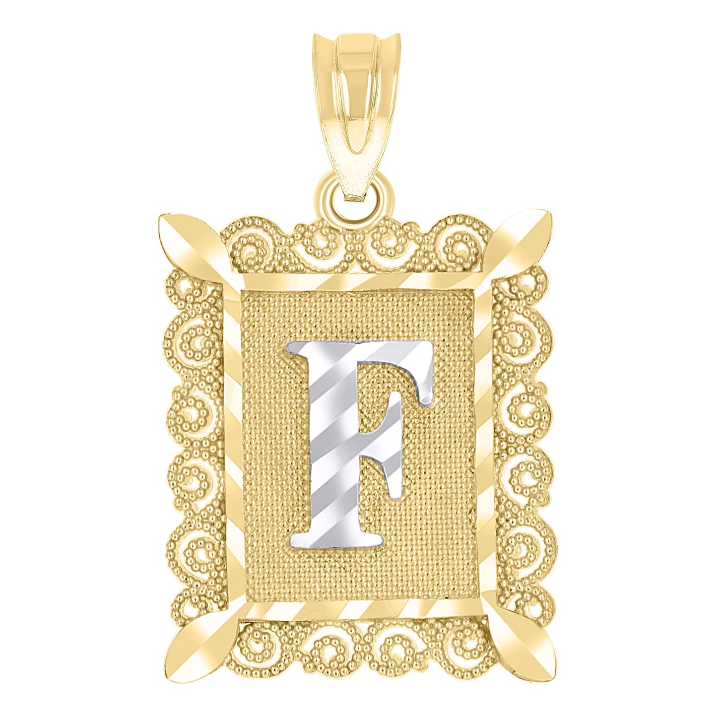 10k Two Tone Gold Unisex Diamond Cut Initial F Charm Pendant