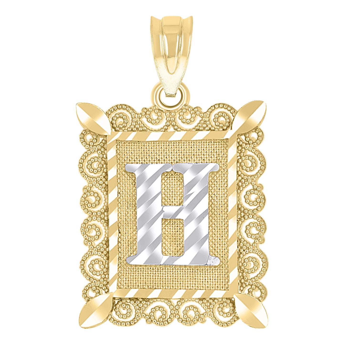 10k Two Tone Gold Unisex Diamond Cut Initial H Charm Pendant