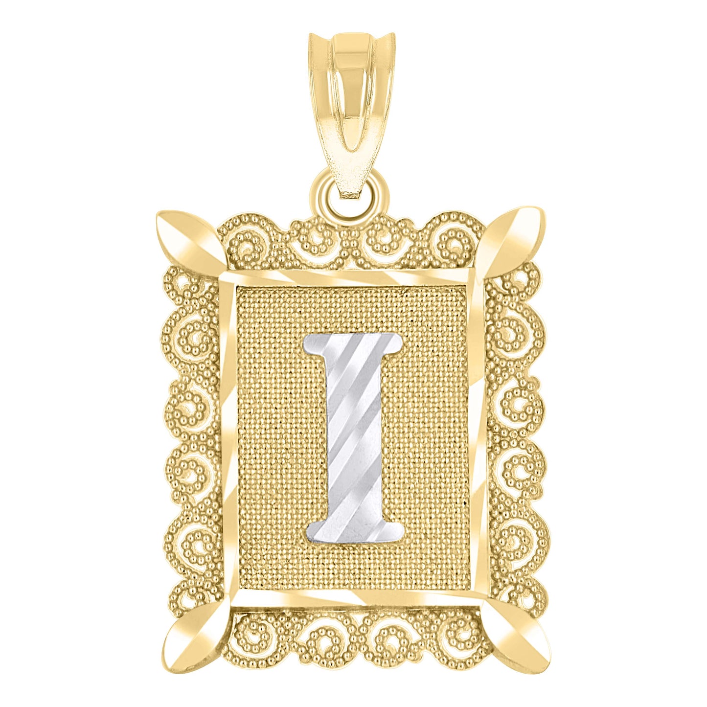 10k Two Tone Gold Unisex Diamond Cut Initial I Charm Pendant