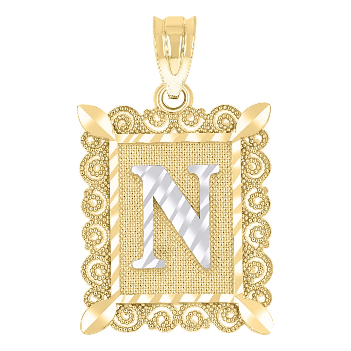 10k Two Tone Gold Unisex Diamond Cut Initial N Charm Pendant