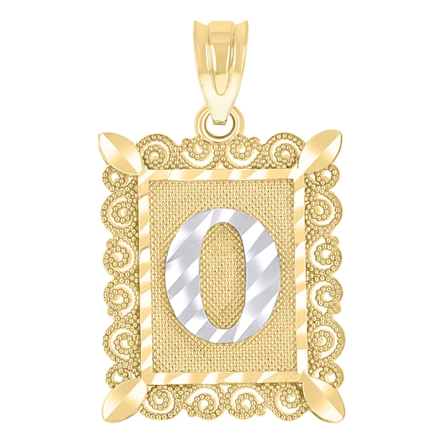 10k Two Tone Gold Unisex Diamond Cut Initial O Charm Pendant