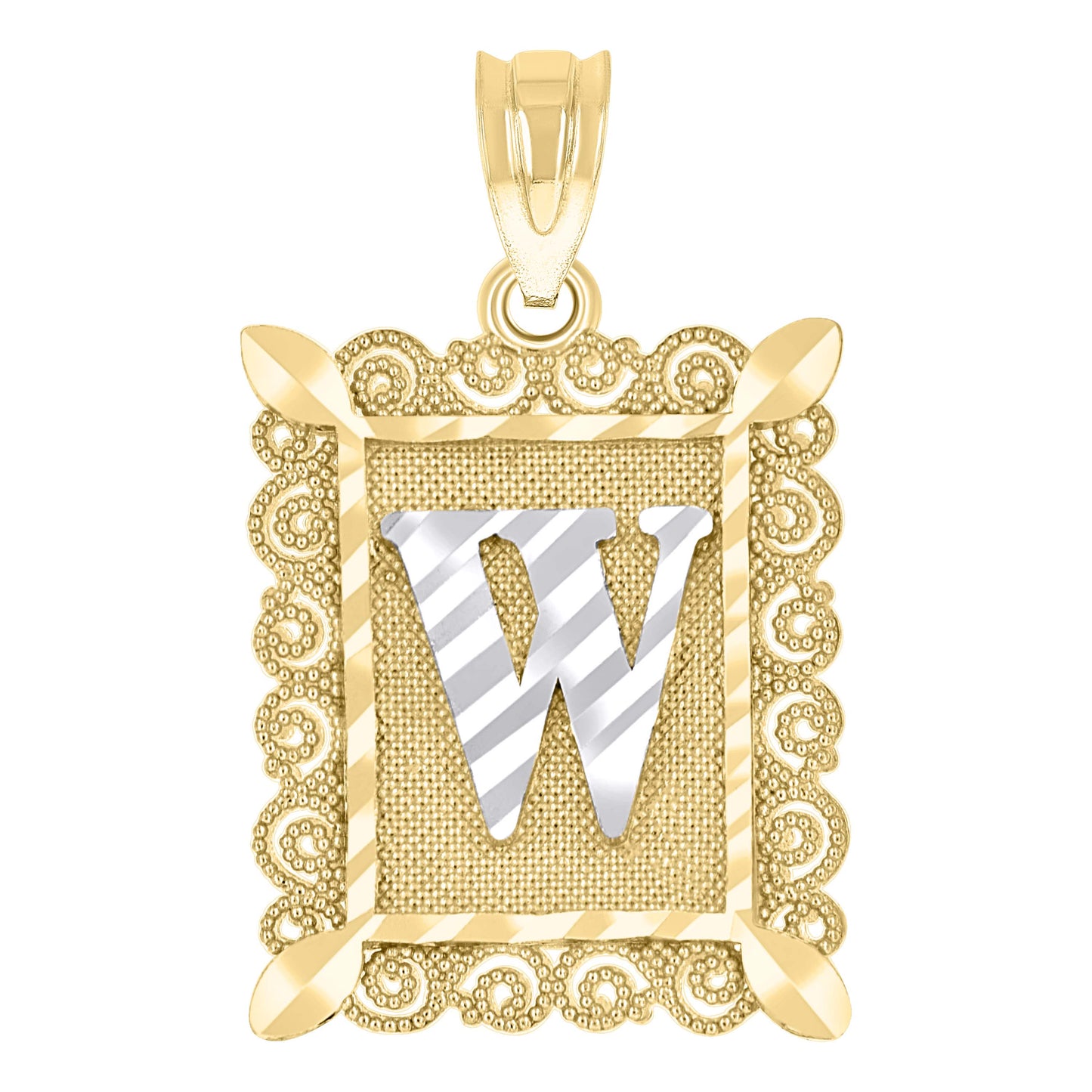 10k Two Tone Gold Unisex Diamond Cut Initial W Charm Pendant