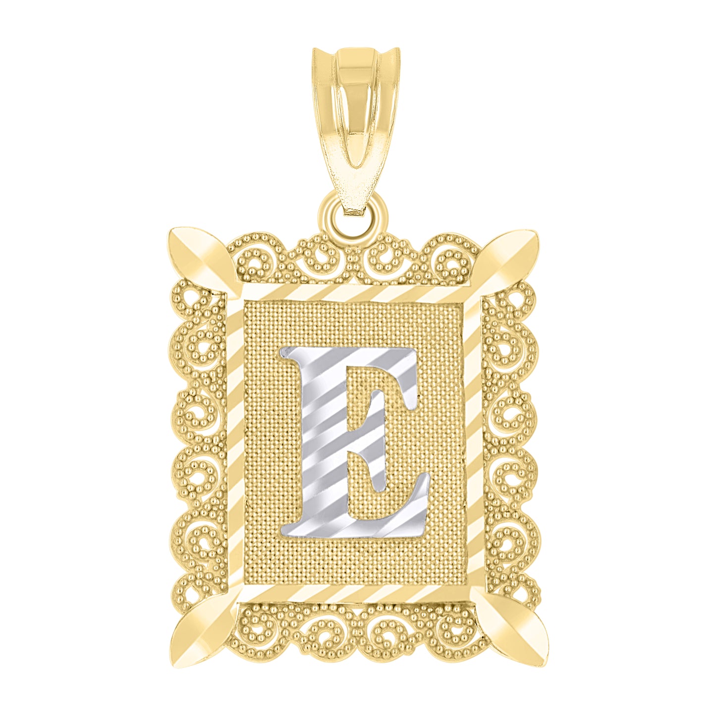 10k Two Tone Gold Unisex Diamond Cut Initial E Charm Pendant