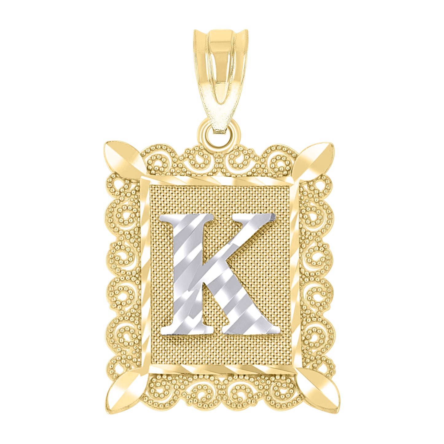 10k Two Tone Gold Unisex Diamond Cut Initial K Charm Pendant