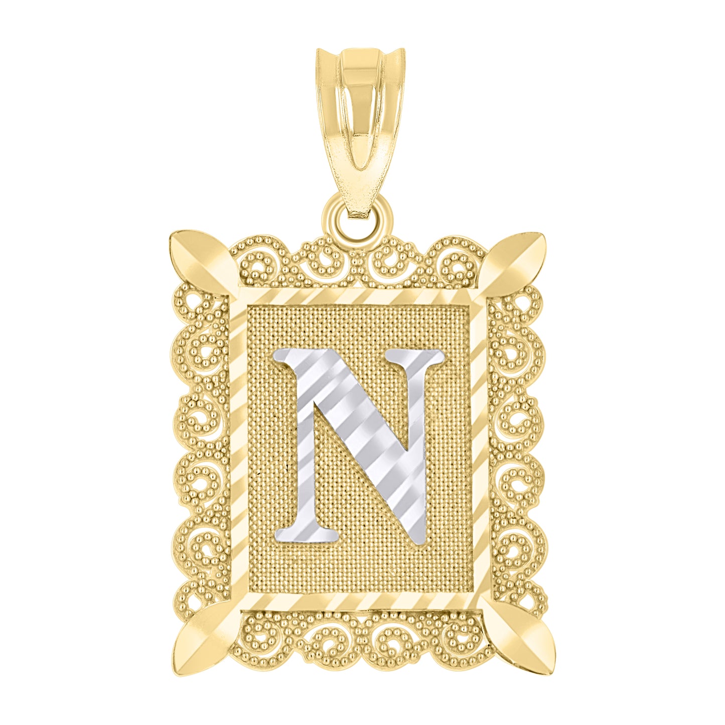 10k Two Tone Gold Unisex Diamond Cut Initial N Charm Pendant