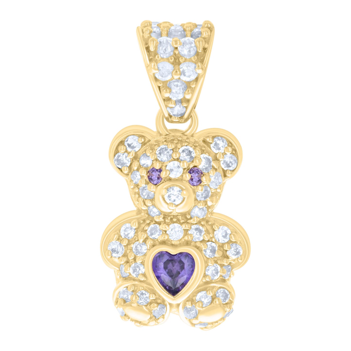 10k Yellow Gold Womens Purple White Heart Round Cubic Zirconia February Birthstone Teddy Bear Charm Pendant
