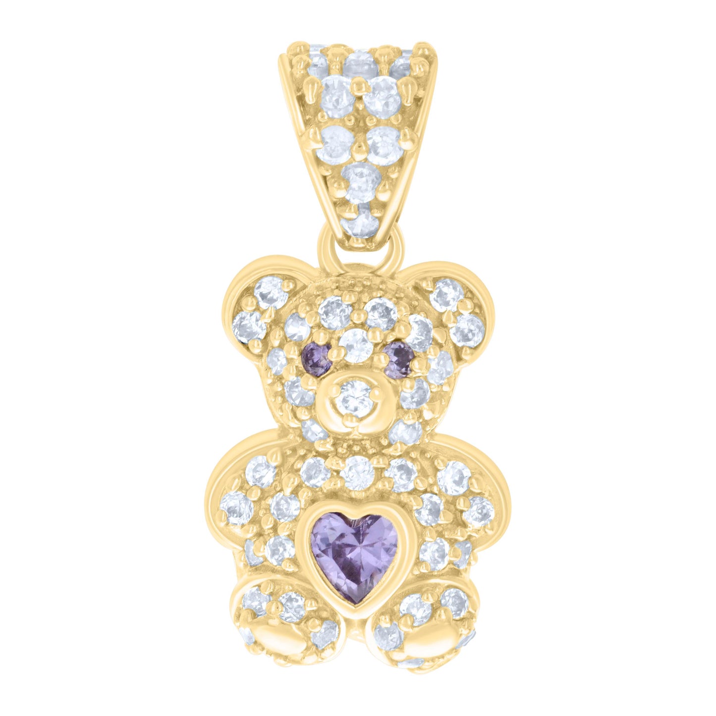 10k Yellow Gold Womens Purple White Heart Round Cubic Zirconia June Birthstone Teddy Bear Charm Pendant