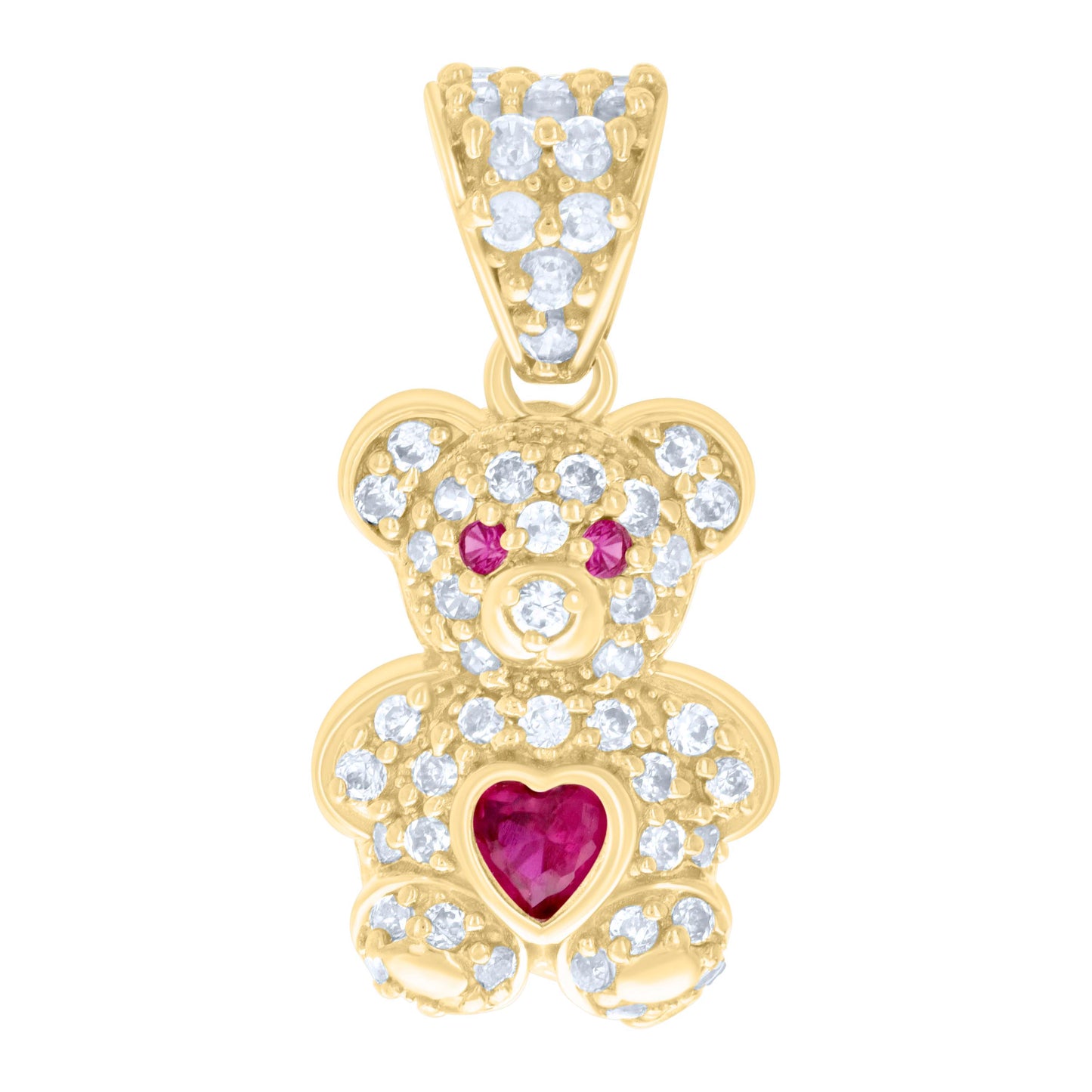 10k Yellow Gold Womens Red White Heart Round Cubic Zirconia July Birthstone Teddy Bear Charm Pendant