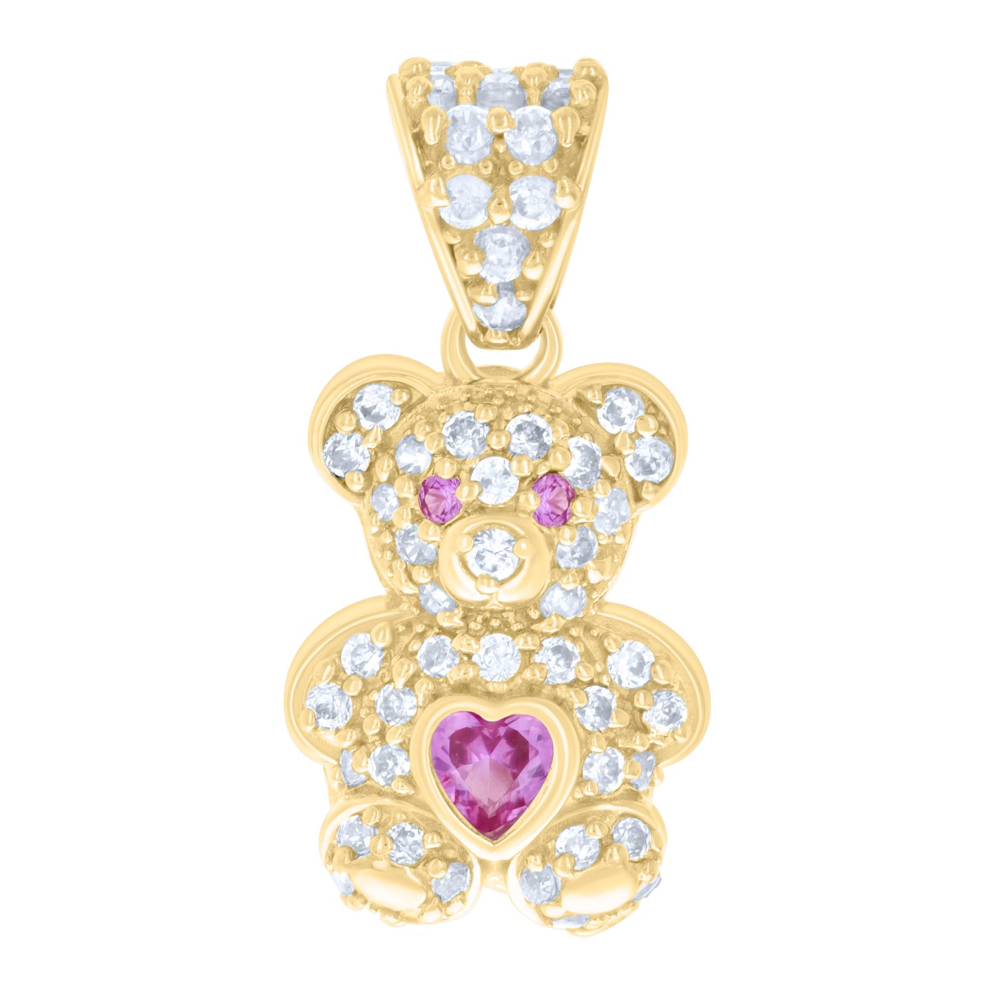 10k Yellow Gold Womens Pink White Heart Round Cubic Zirconia October Birthstone Teddy Bear Charm Pendant