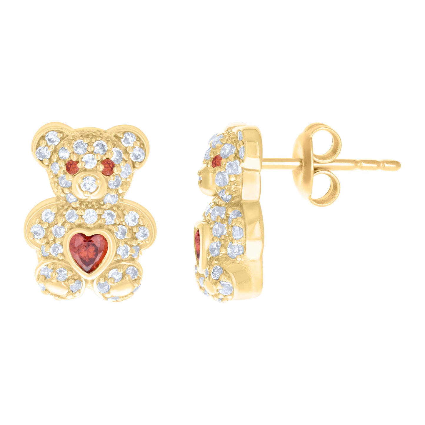 10k Yellow Gold Womens Red White Heart Round Cubic Zirconia January Birthstone Teddy Bear Stud Earrings