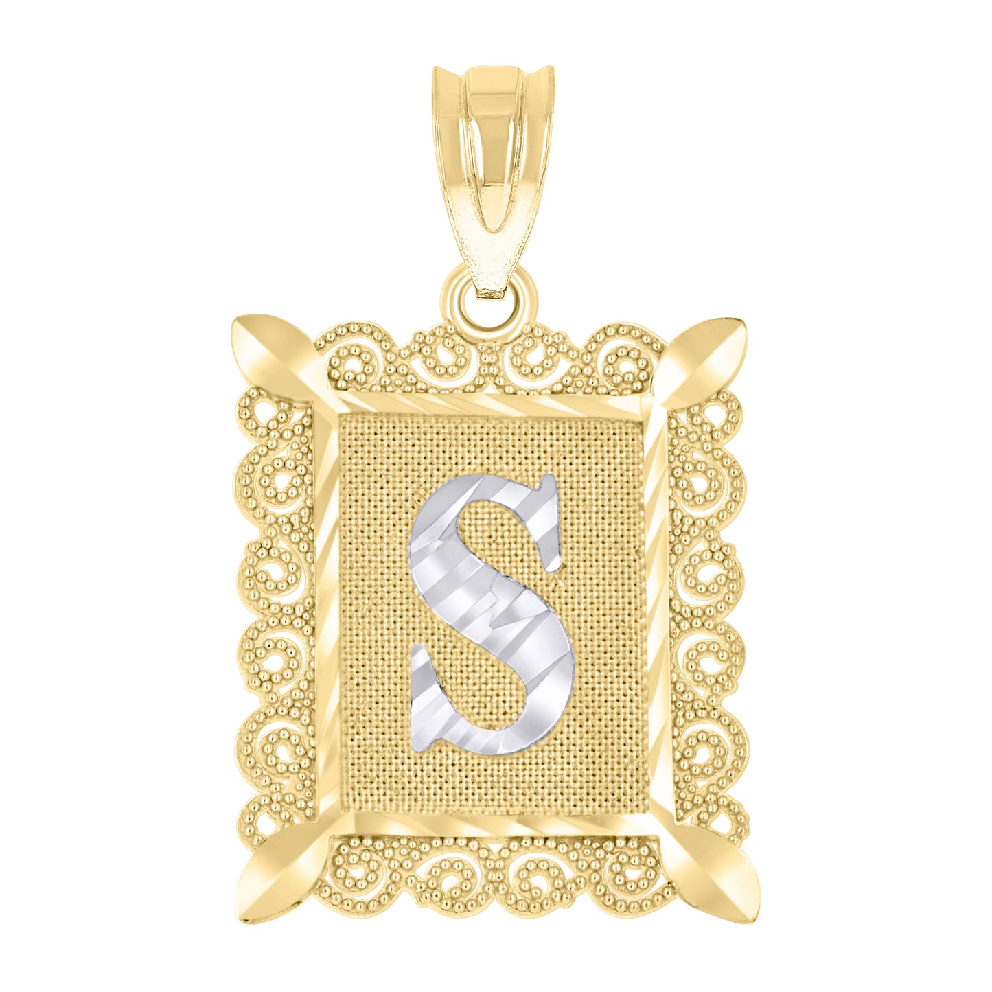 10k Gold Two Tone Diamond Cut Unisex Letter S Initial Charm Pendant