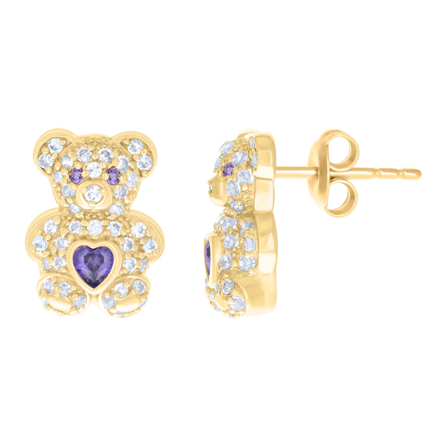 10k Yellow Gold Womens Purple White Heart Round Cubic Zirconia February Birthstone Teddy Bear Stud Earrings