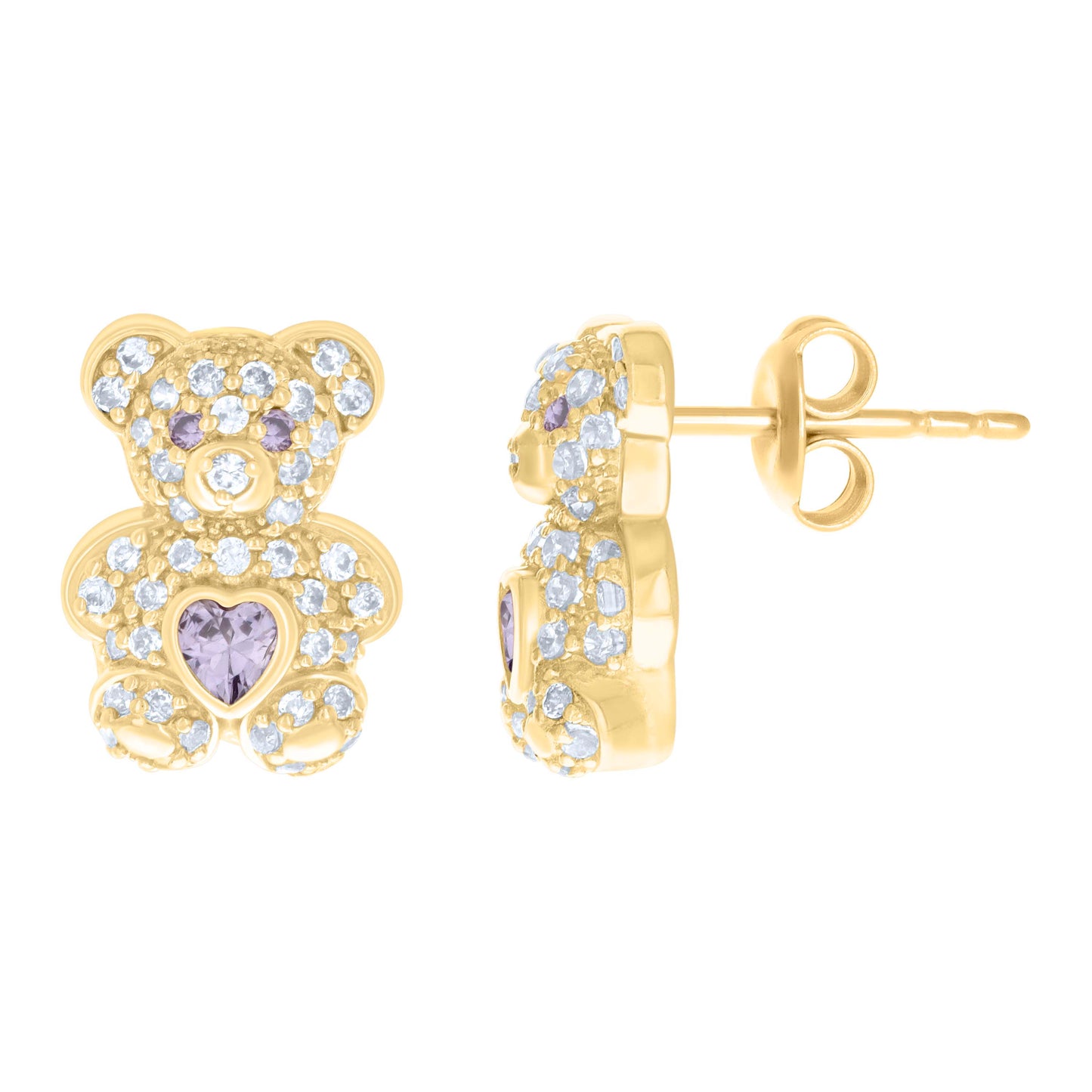 10k Yellow Gold Womens Purple White Heart Round Cubic Zirconia March Birthstone Teddy Bear Stud Earrings