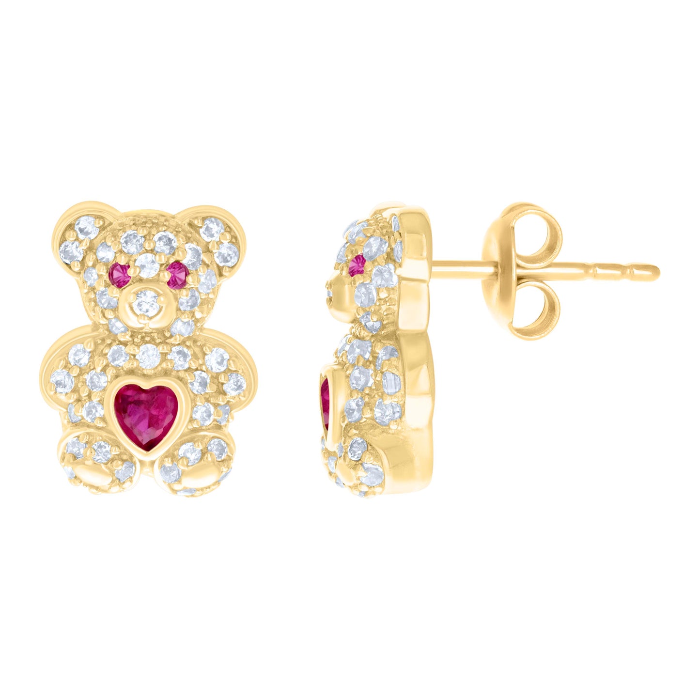 10k Yellow Gold Womens Red White Heart Round Cubic Zirconia July Birthstone Teddy Bear Stud Earrings