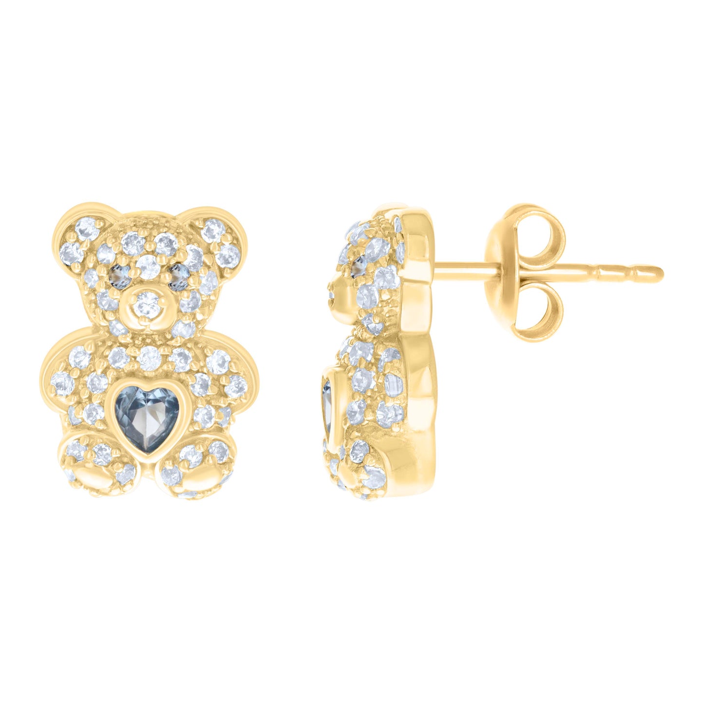 10k Yellow Gold Womens Blue White Heart Round Cubic Zirconia December Birthstone Teddy Bear Stud Earrings