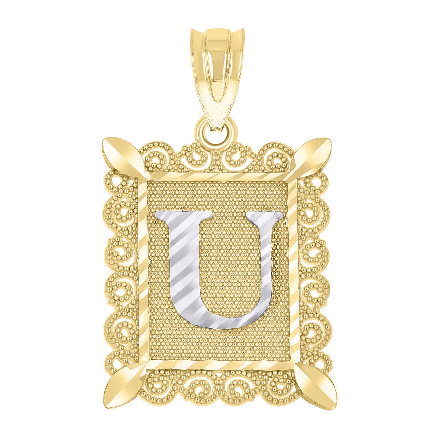 10k Two Tone Gold Unisex Diamond Cut Initial U Charm Pendant