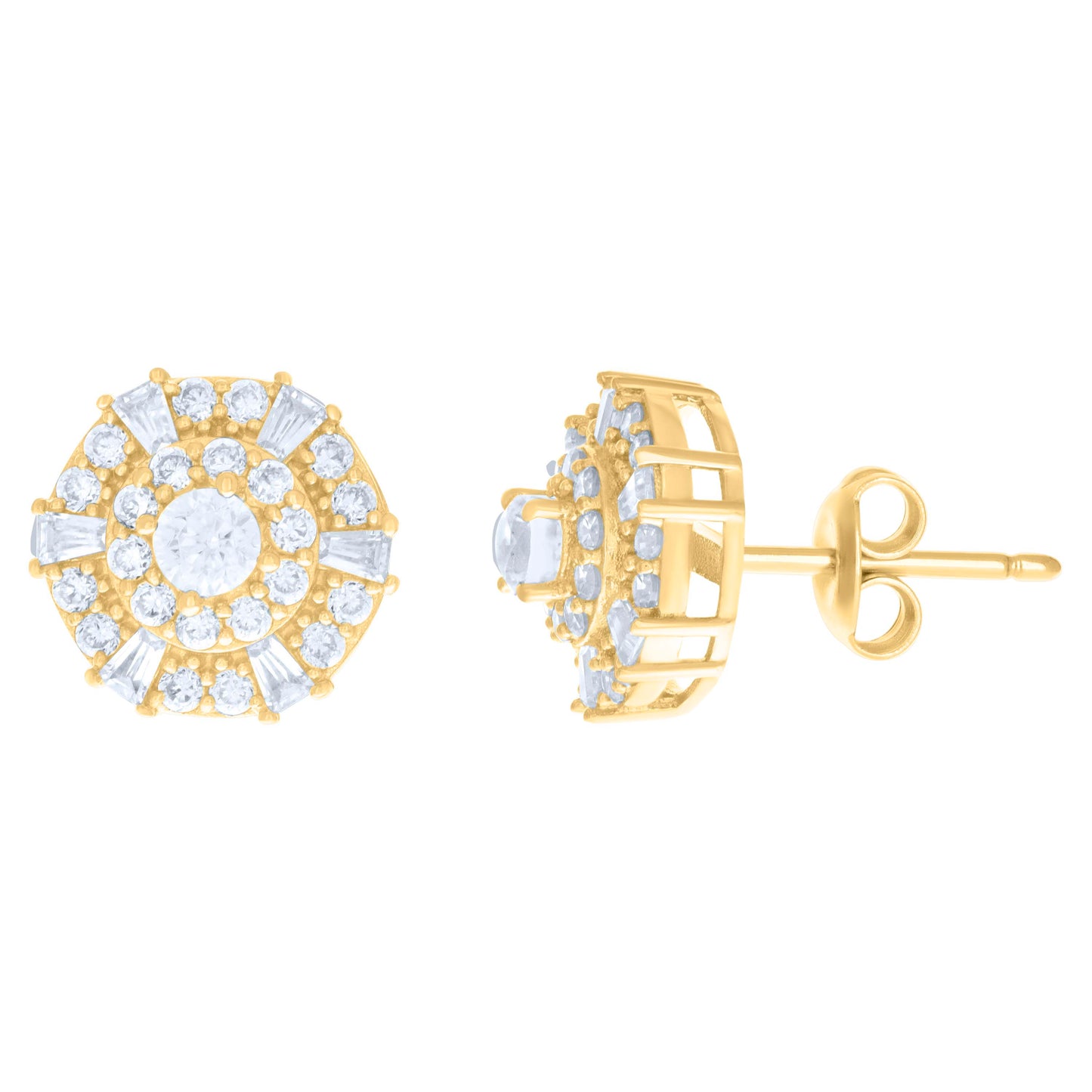 10k Yellow Gold Womens Baguette Round Cubic Zirconia Fashion Stud Earrings