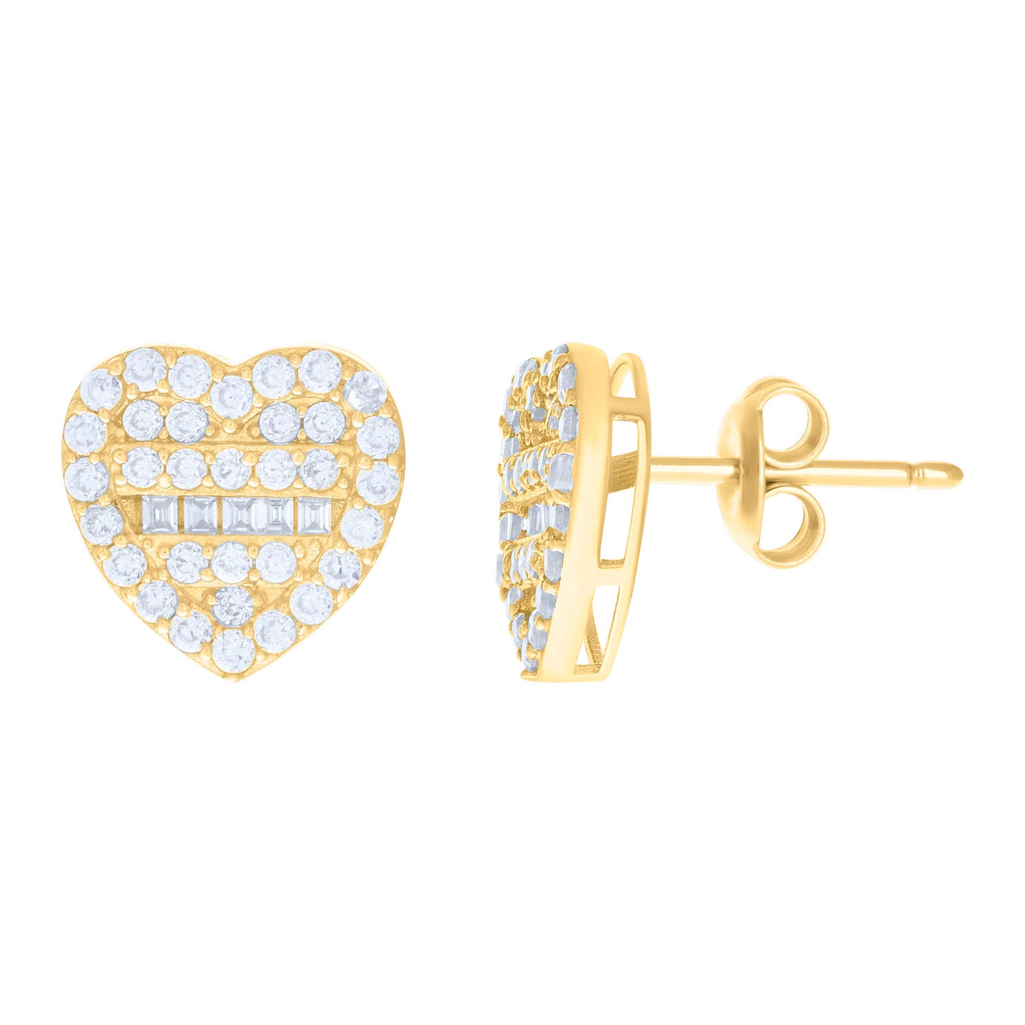 10k Yellow Gold Womens Baguette Round Cubic Zirconia Heart Stud Earrings