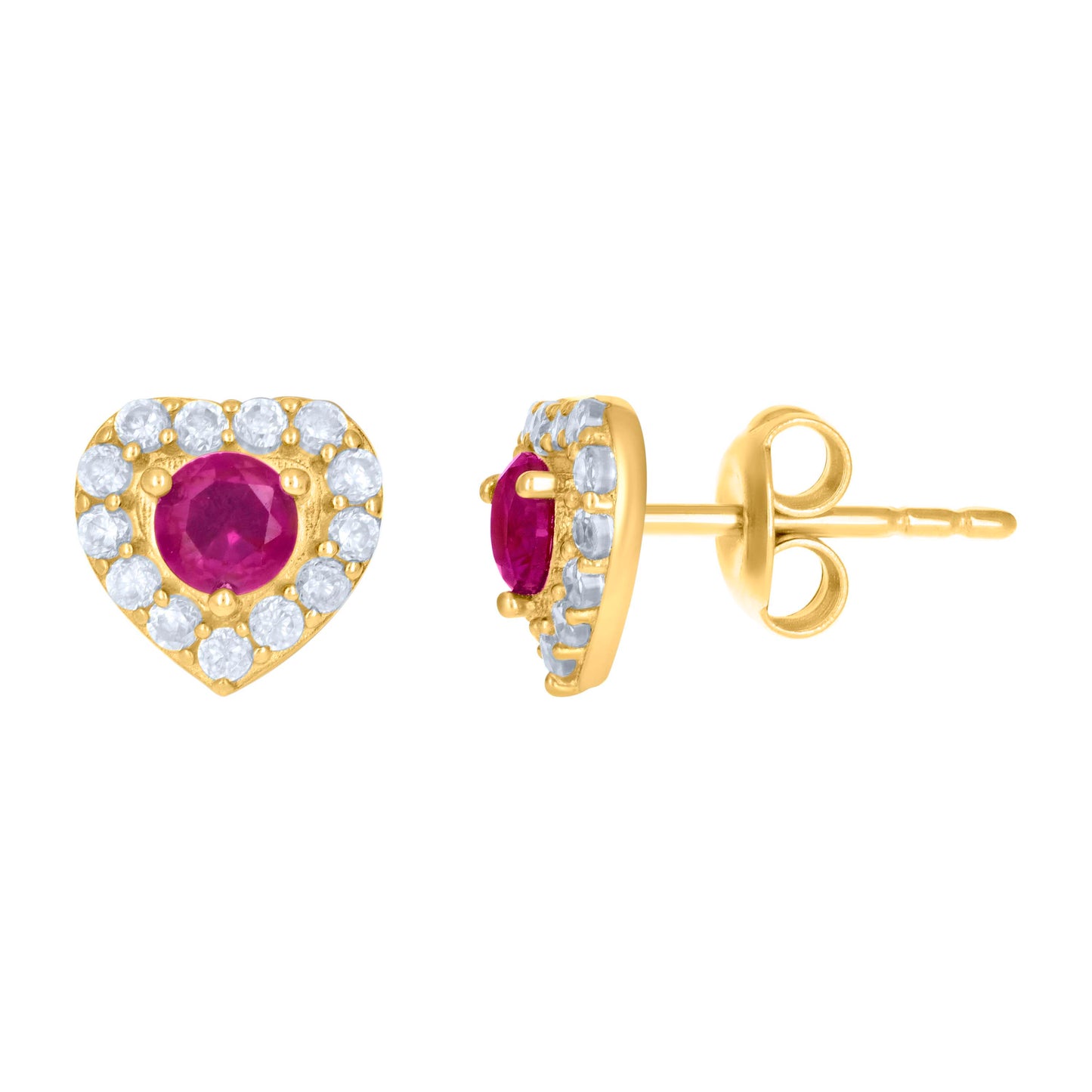 10k Yellow Gold Womens Red White Cubic Zirconia Heart Stud Earrings
