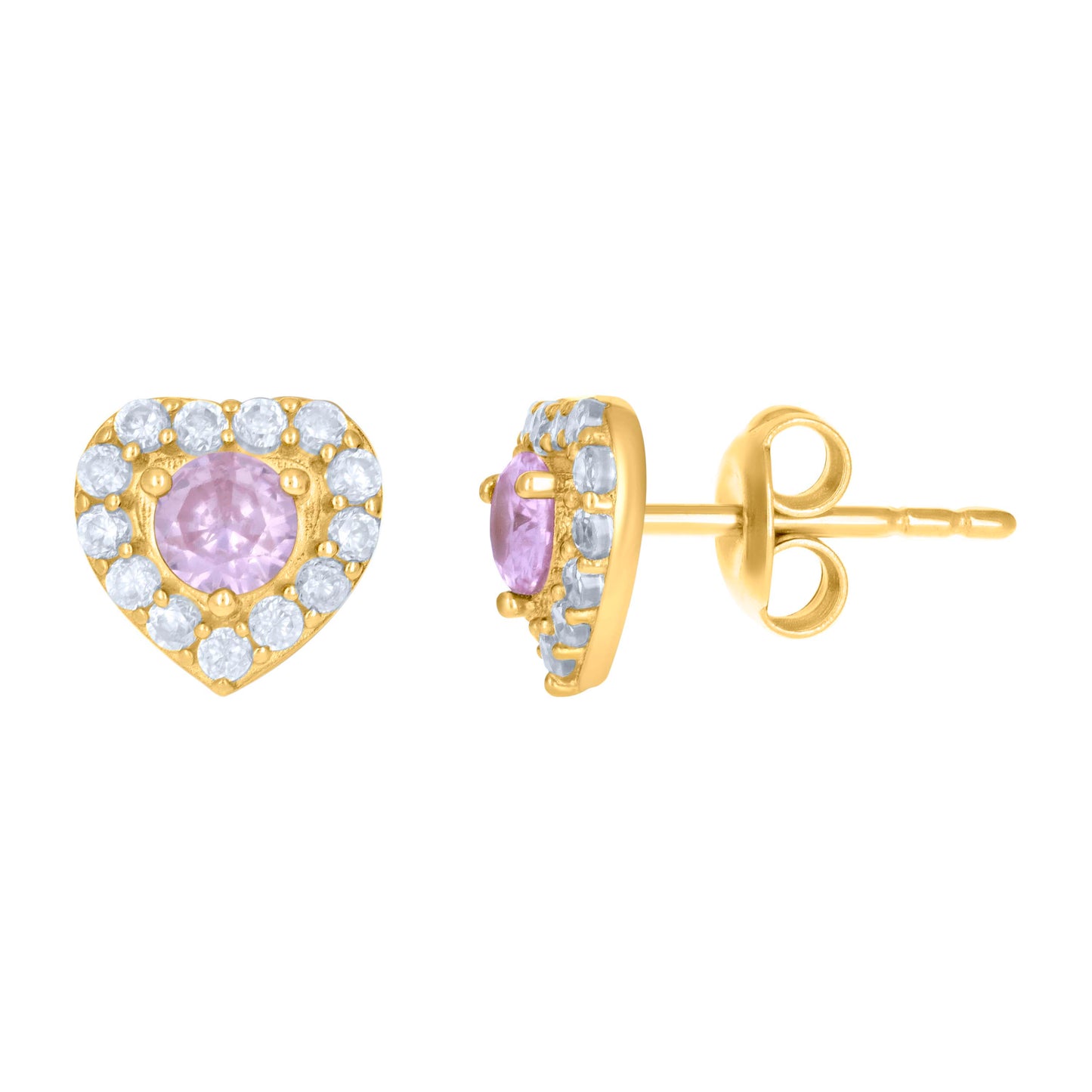 10k Yellow Gold Womens Pink White Cubic Zirconia Heart Stud Earrings