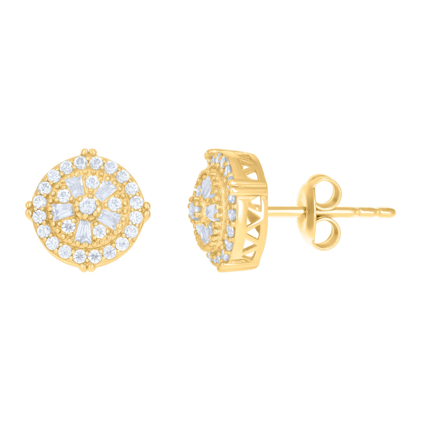 10k Yellow Gold Womens Baguette Round Cubic Zirconia Fashion Stud Earrings