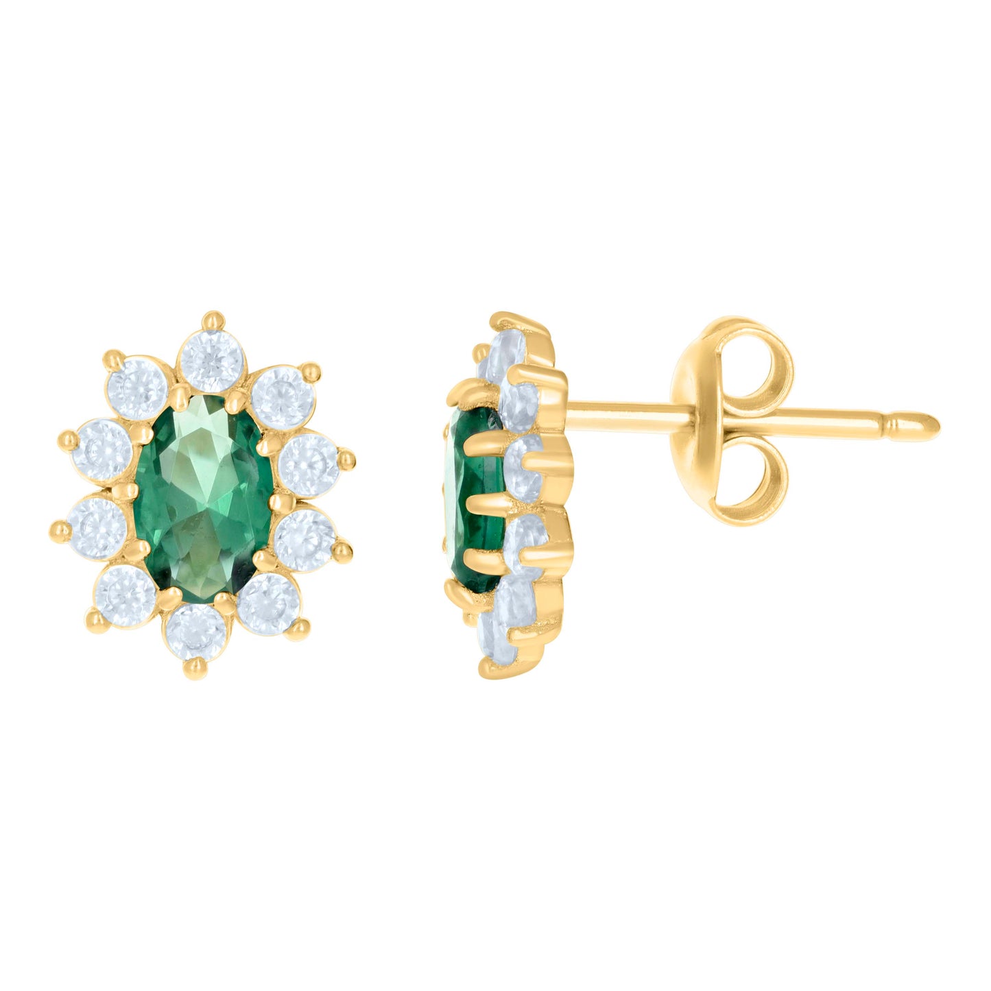 10k Yellow Gold Womens Green White Oval Round Cubic Zirconia Flower Fashion Stud Earrings