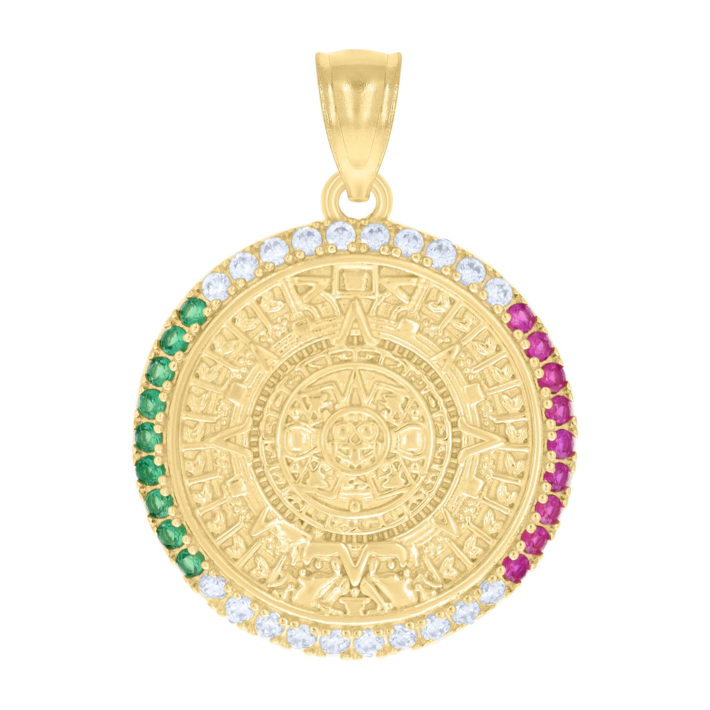10k Yellow Gold Mens Green/Purple White Cubic Zirconia Aztec Calendar Fashion Charm Pendant
