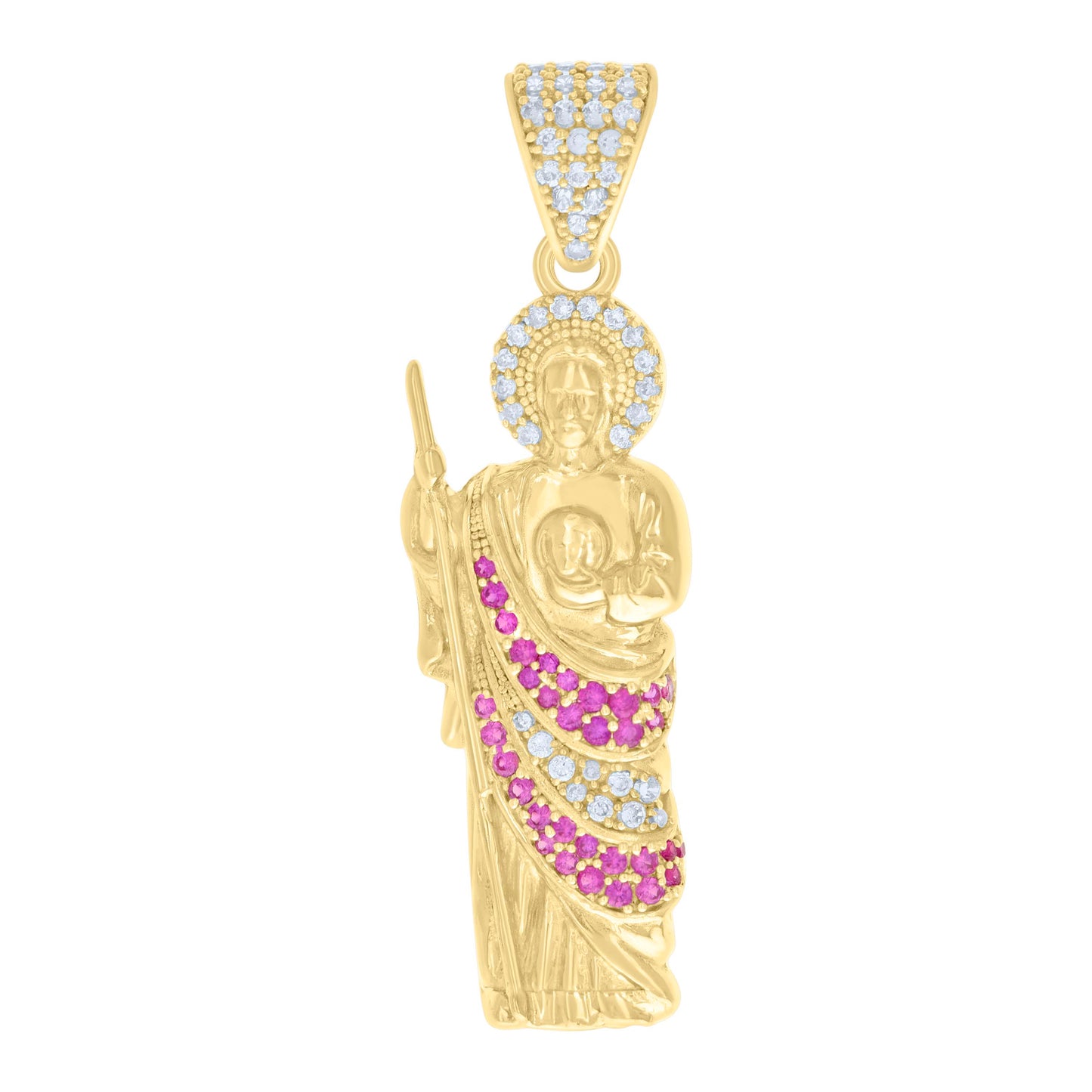 10k Yellow Gold Mens Pink White Cubic Zirconia St. Jude Religious Charm Pendant