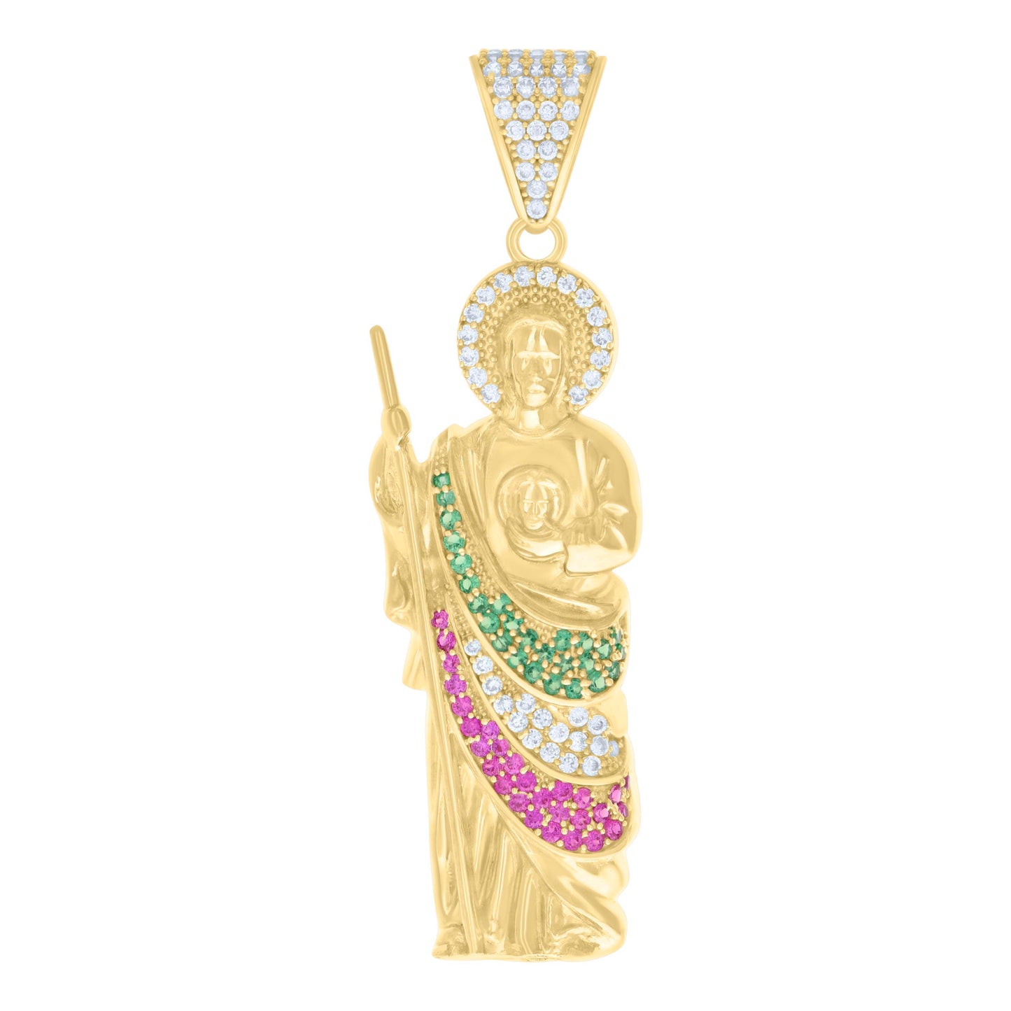 10k Yellow Gold Mens Green/Purple White Cubic Zirconia St. Jude Religious Charm Pendant