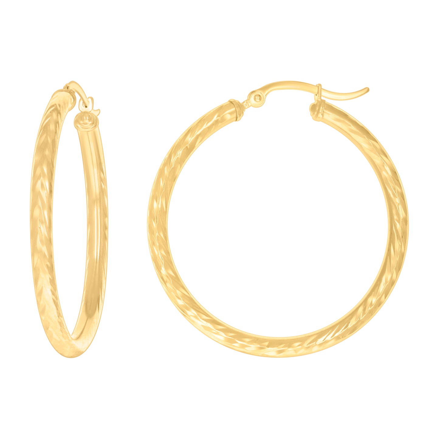 10k Yellow Gold Womens Round Tube Diamond-cut Patterned Fancy Hoop Earrings 3mm-38