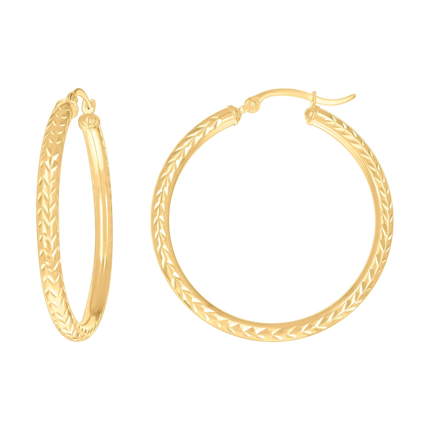 10k Yellow Gold Womens Diamond-cut Round Tube Patterned Hoop Earrings 3mm-38