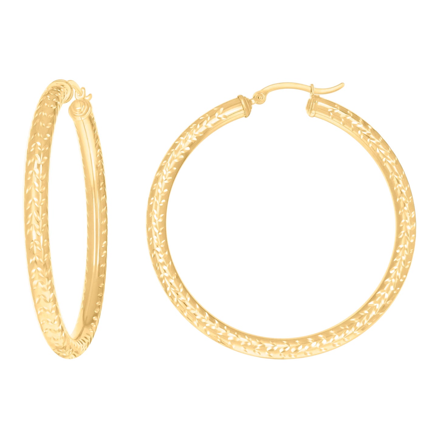 10k Yellow Gold Womens Diamond-cut Round Tube Patterned Hoop Earrings 4mm-50