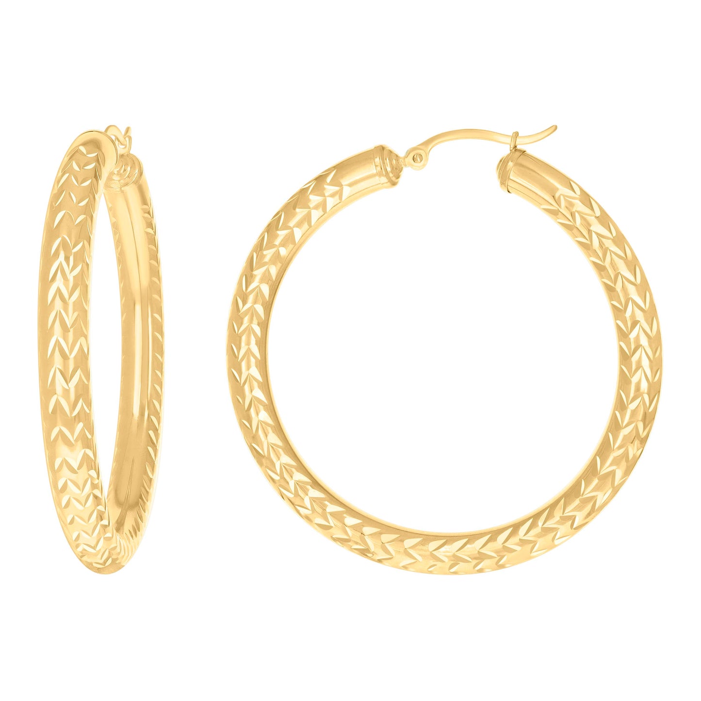10k Yellow Gold Womens Diamond-cut Round Tube Patterned Hoop Earrings 5mm-50
