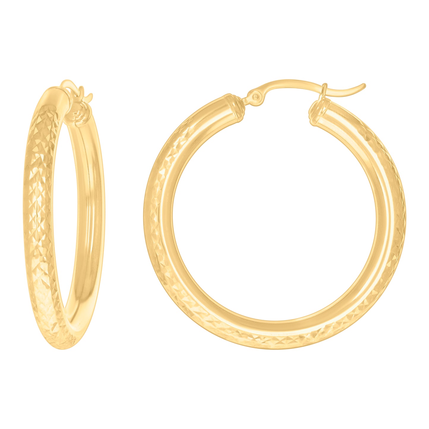 10k Yellow Gold Womens Round Tube Diamond-cut Patterned Fancy Hoop Earrings 4mm-38