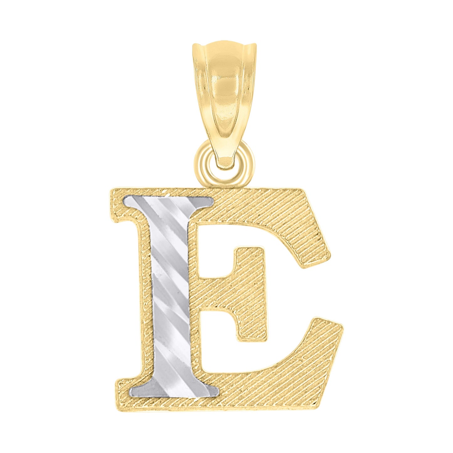 10k Two Tone Gold Unisex Diamond Cut Initial E Charm Pendant